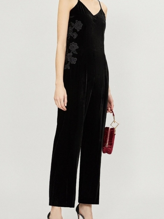 Sandro Pants - Sandro Black Velvet Sleeveless Jumpsuit with Floral Side Detail Size 6
